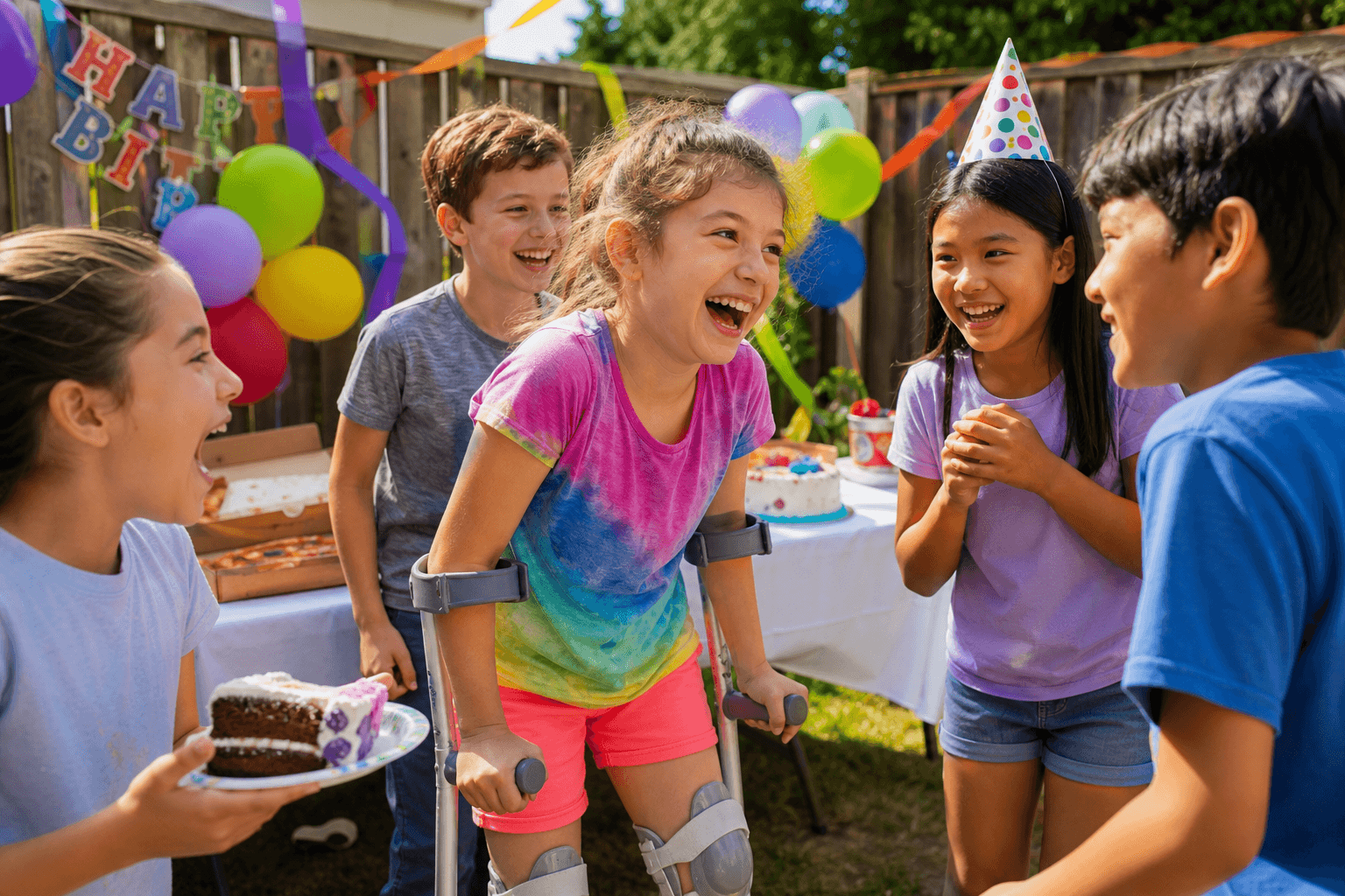 A girl using forearm crutches laughs joyfully with friends at a backyard birthday party.