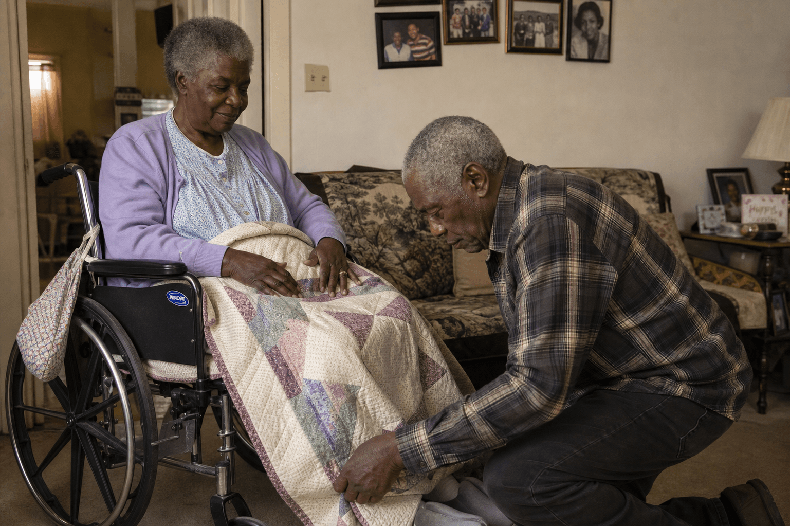 An elderly man kneels to tuck a quilt around his wife, who is seated in a wheelchair at home.
