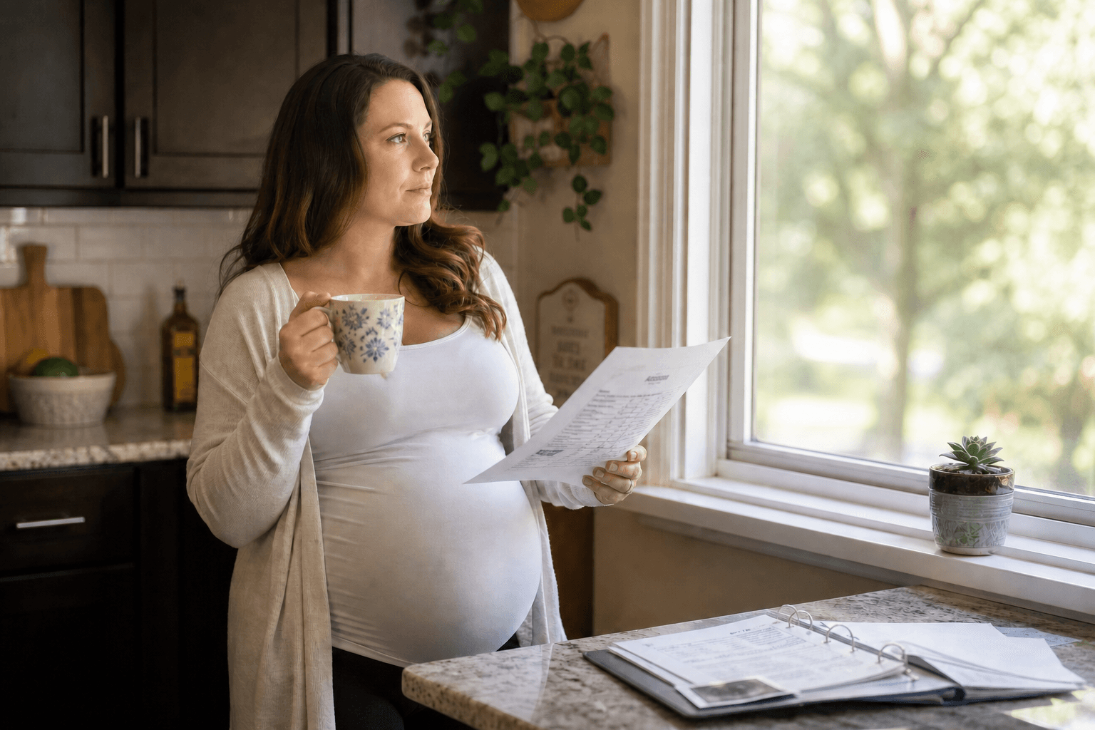 An expectant mother stands by a sunlit window with a cup of tea, reviewing paperwork.