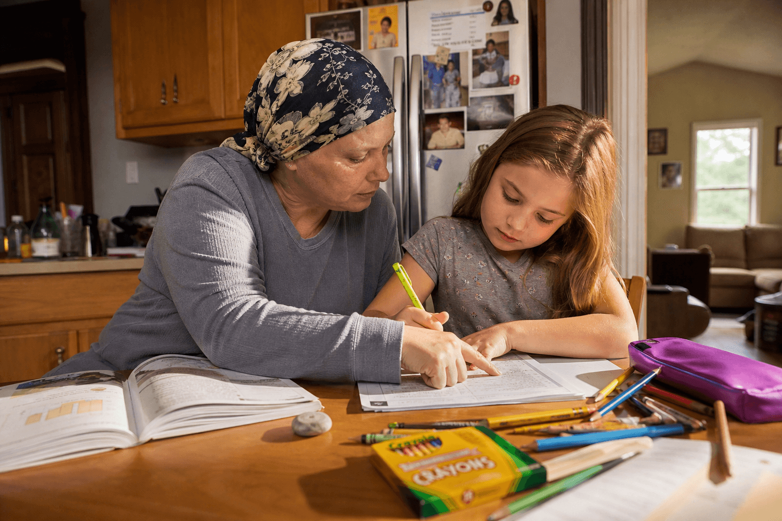 A mother in a headscarf helps her young daughter with homework at the kitchen table.