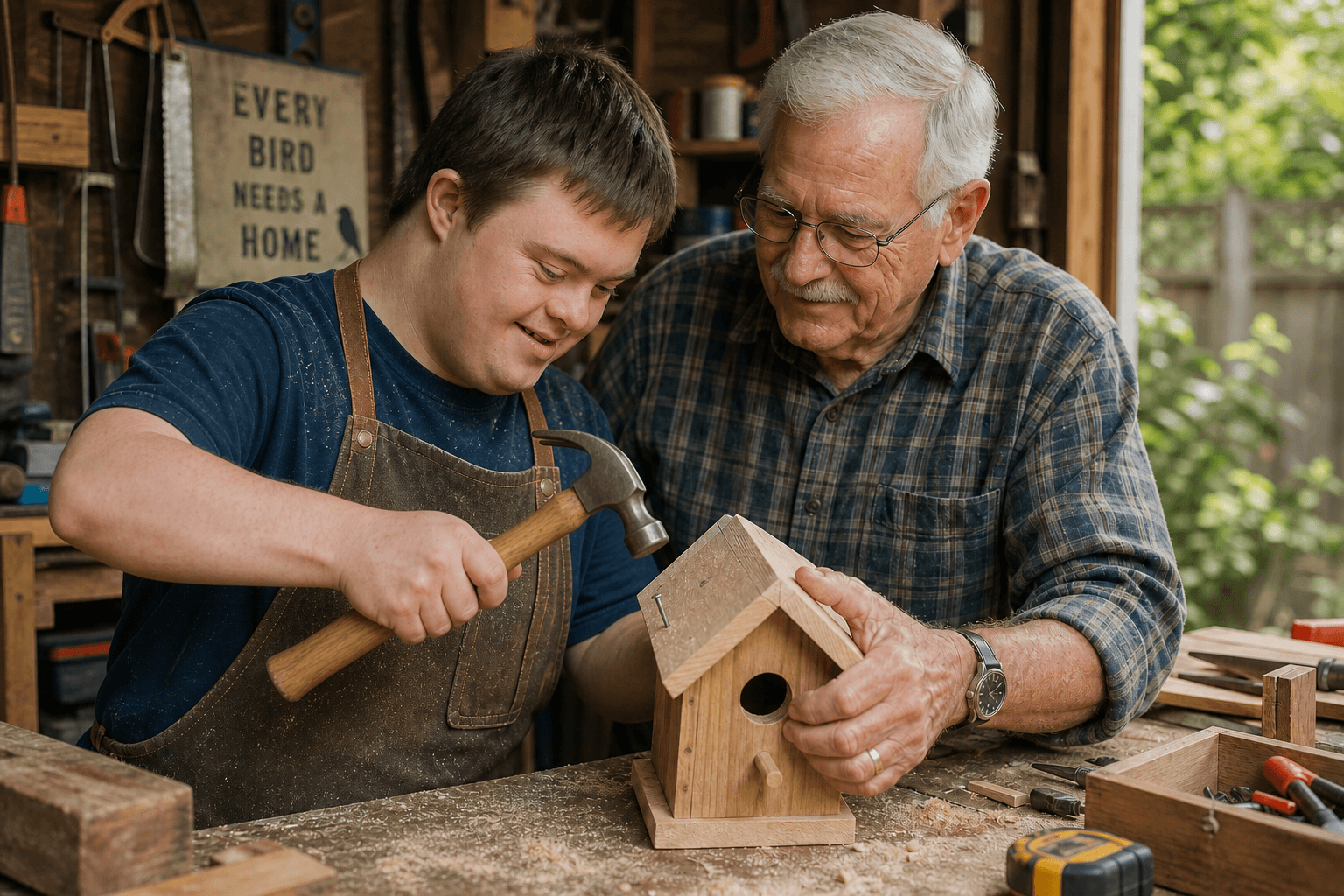 A young man with Down syndrome builds a birdhouse alongside an older mentor.