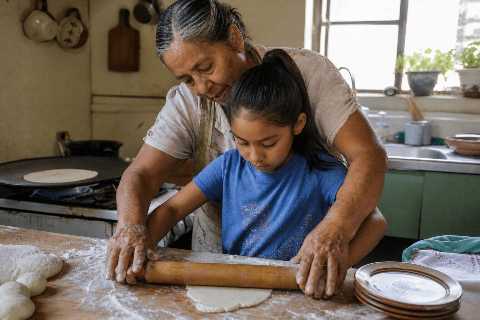 A grandmother teaches her granddaughter to make tortillas.