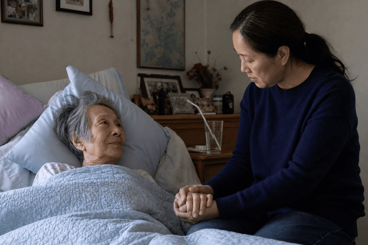 A daughter holds the hand of her dying mother at her bedside.