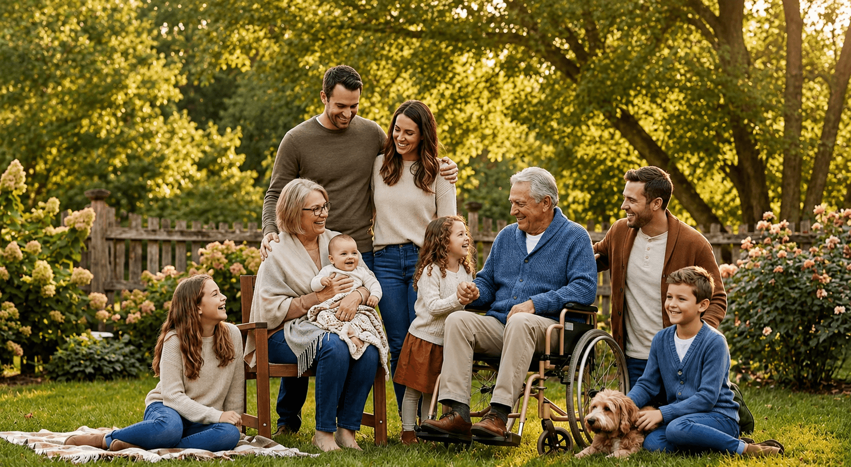 Three generations of a family gathered together outdoors.
