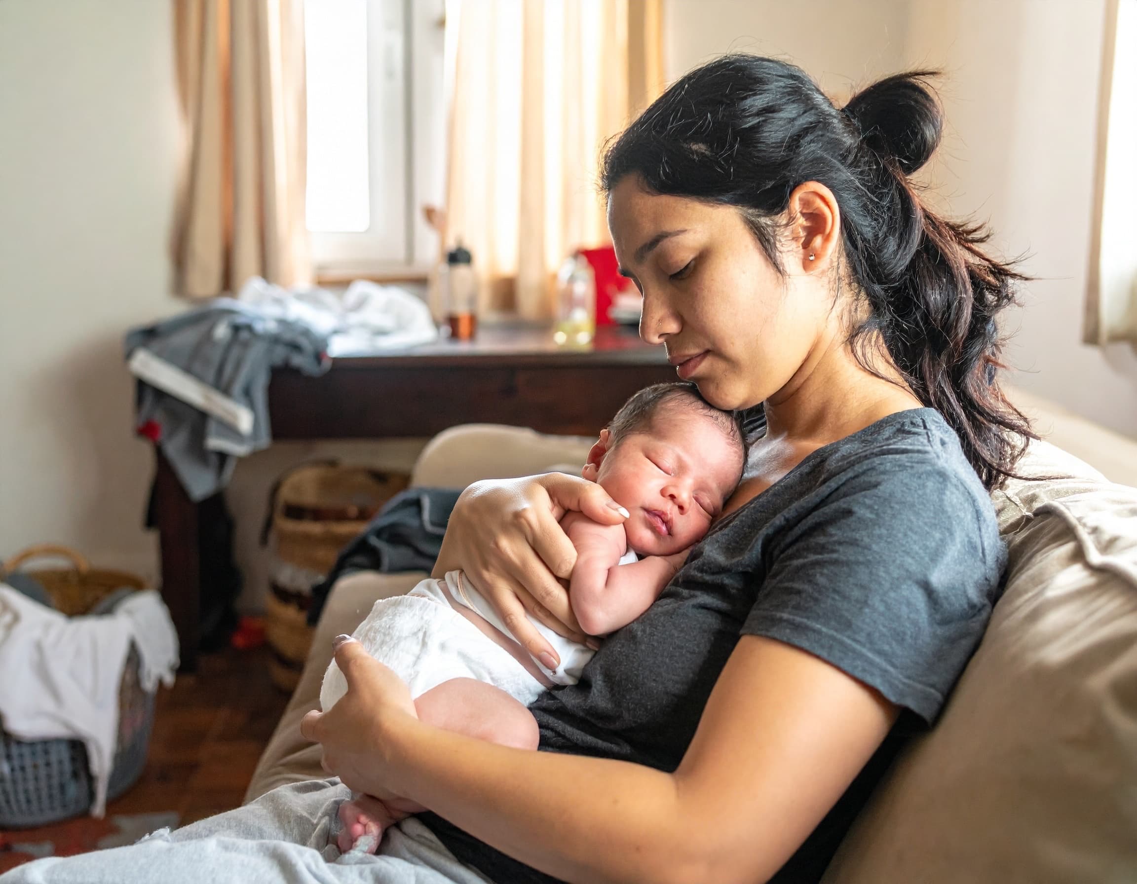 A mother holds her sleeping newborn close.